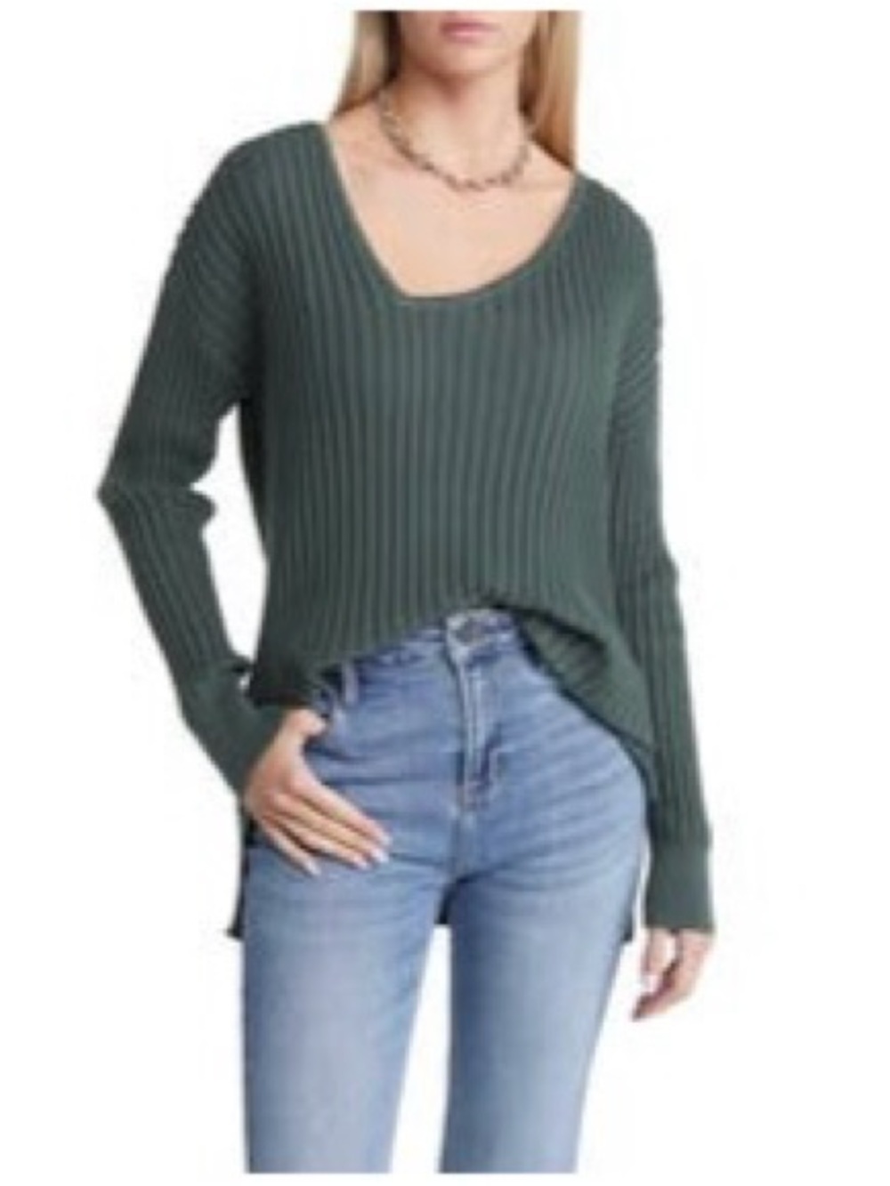 Ribbed Neck Sweater - Green